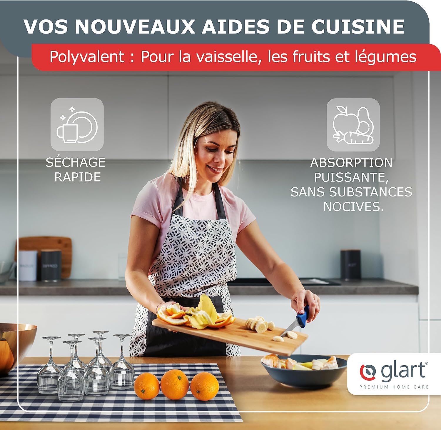 Glart - 48SG - 50x70cm - torchons coton, Oeko-Tex, sans peluche