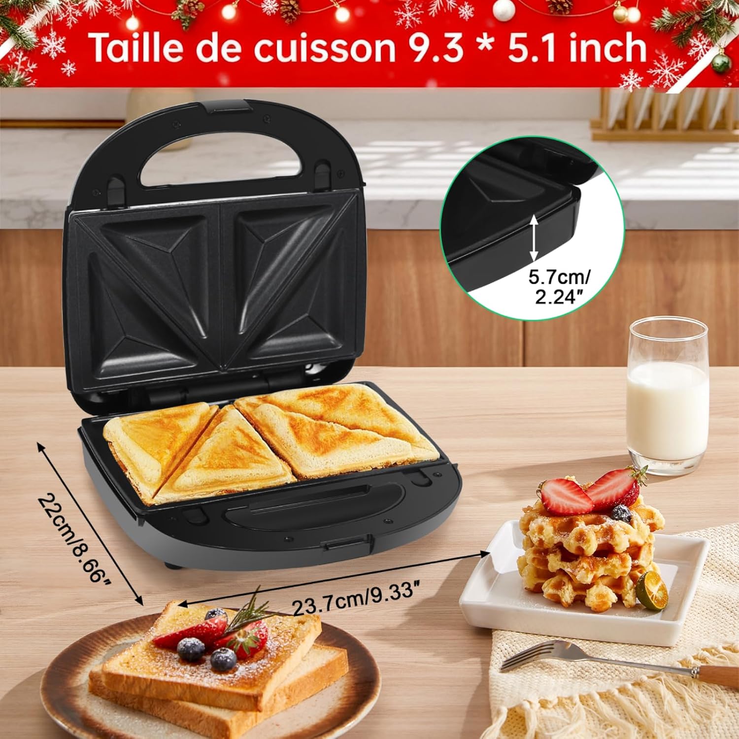 Appareil à Croque Monsieur 3 en 1 - 750W, plaques antiadhésives, noir, gaufres/Sandwich/Grill