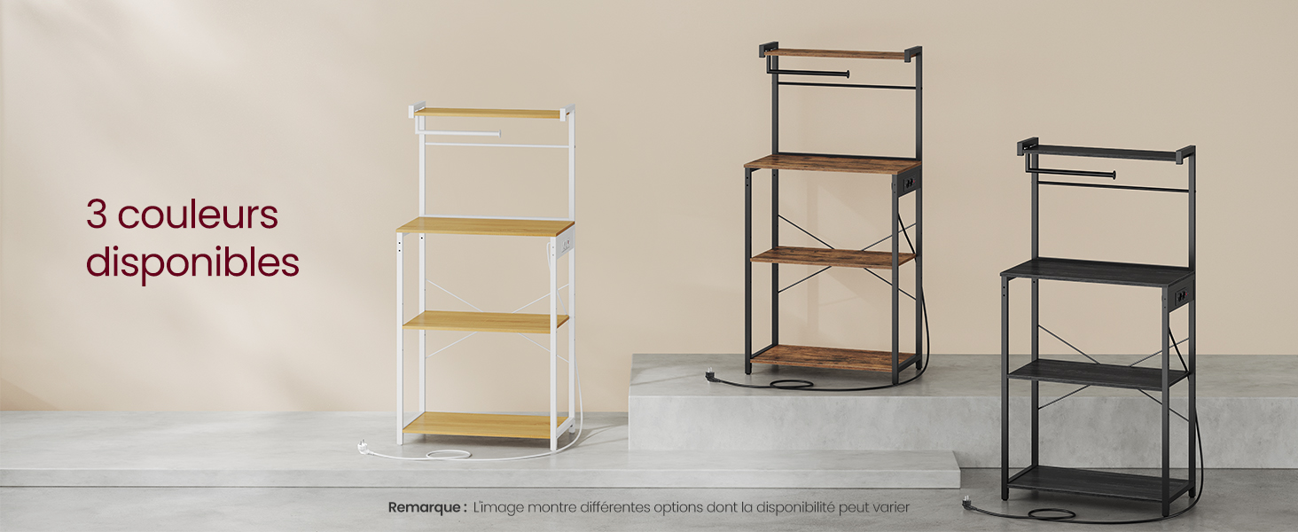 Étagère à trois niveaux disponible en trois couleurs : blanc avec étagères en bois clair, noir avec étagères en bois foncé et version noire compacte. Le texte indique « 3 couleurs disponibles