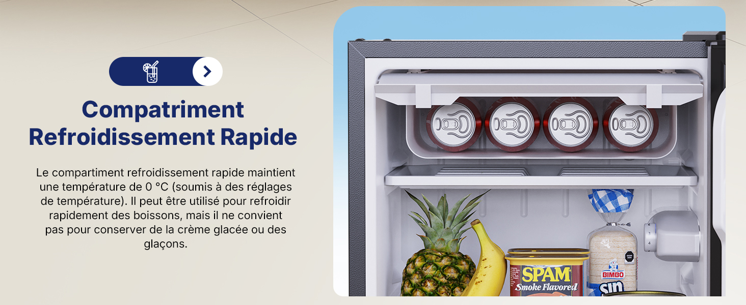 Le texte indique « Compartiment Refroidissement Rapide ». Schéma technique montrant le compartiment réfrigérateur avec jauges de température et zones de stockage.