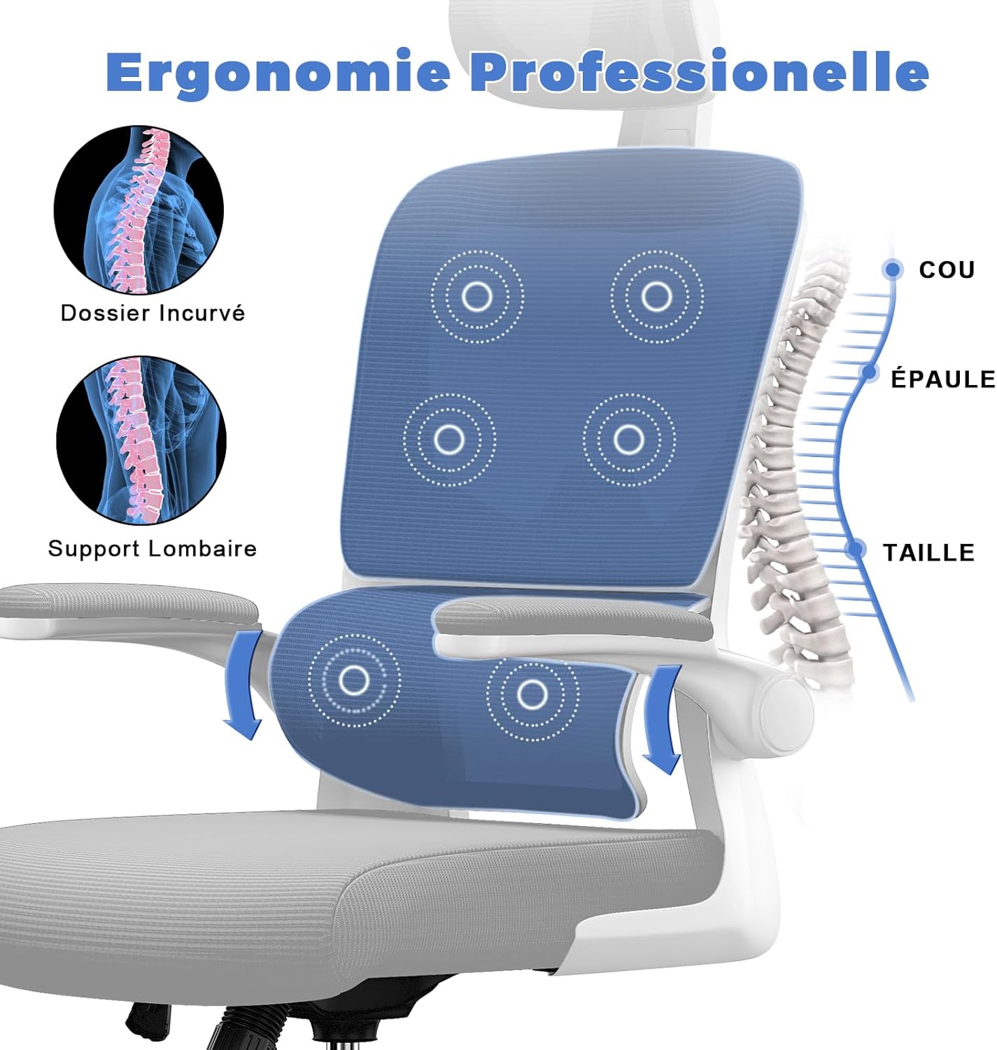 Chaise de Bureau - Ergonomique dossier réglable, appui-tête - maille respirante, support lombaire - gris