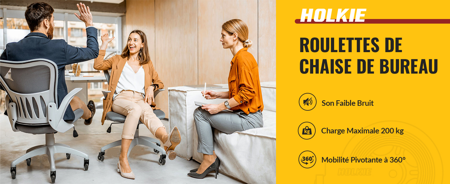 sur roulettes pour chaises de bureau présentant les caractéristiques suivantes : mobilité à 360 degrés, capacité de charge maximale de 200 kg