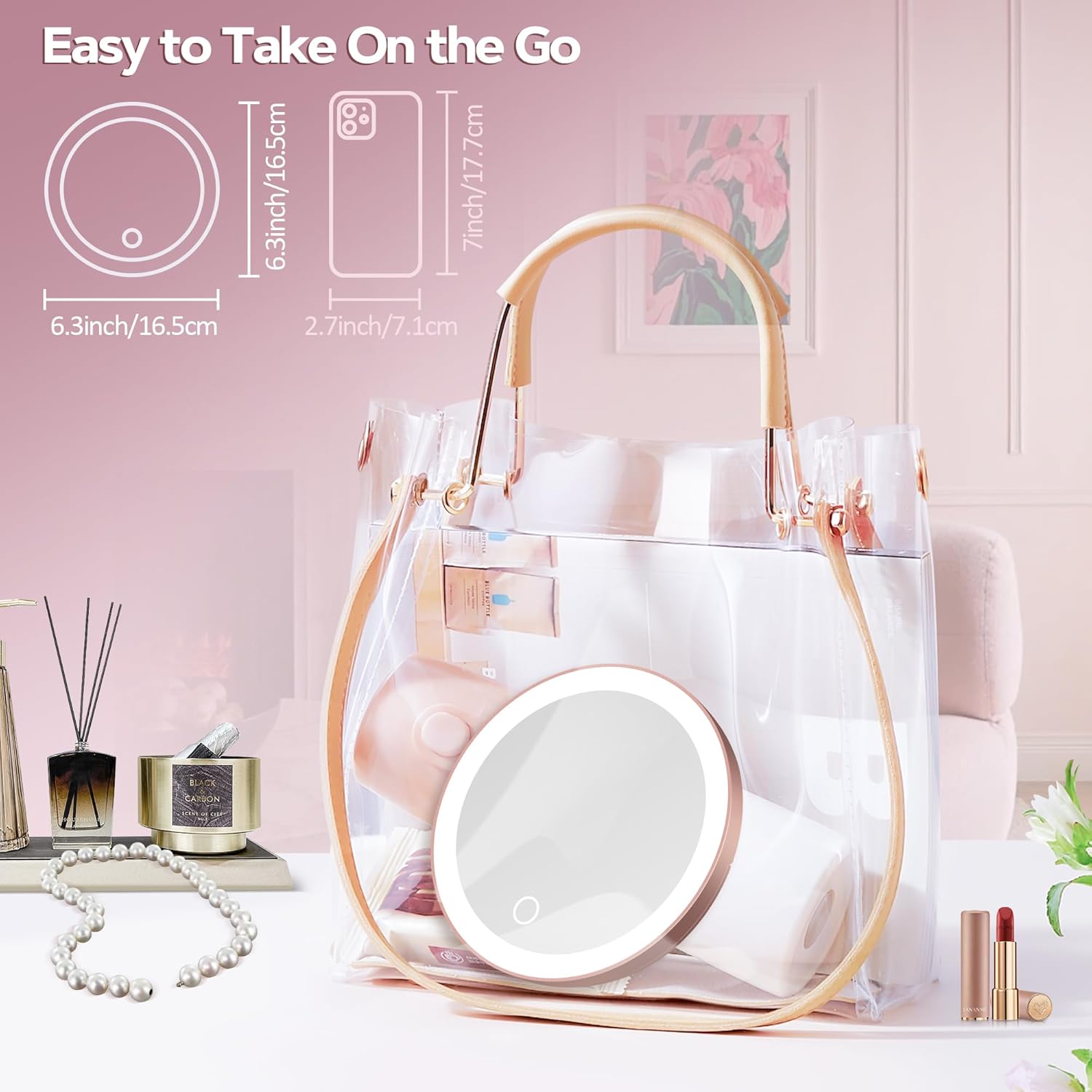 Miroir grossissant - 30x, éclairage LED, ventouse, or rose, maquillage précision