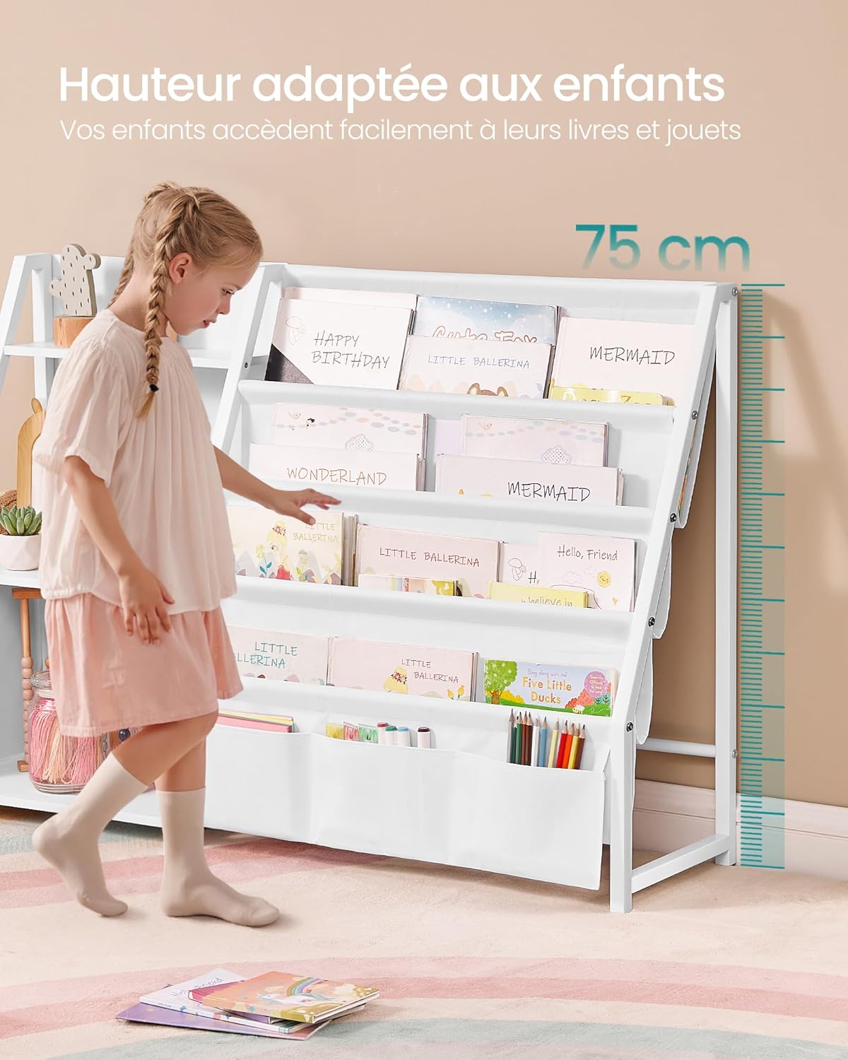 SONGMICS - meuble bibliothèque enfant - 75 cm - rangement jouets, étagères, pochette latérale - GKR024W01