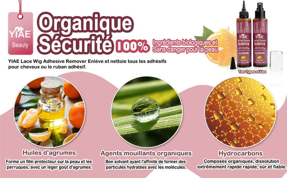 Publicité de produit pour l'épilation biologique avec des images d'agrumes, de gouttelettes d'eau et de liquide ambré. Le texte en français décrit les avantages du produit.