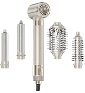 Collection d'accessoires et de têtes métalliques argentés disposés en rangée, montrant divers éléments de brosse et de coiffage pour ce qui semble être un outil de coiffage.