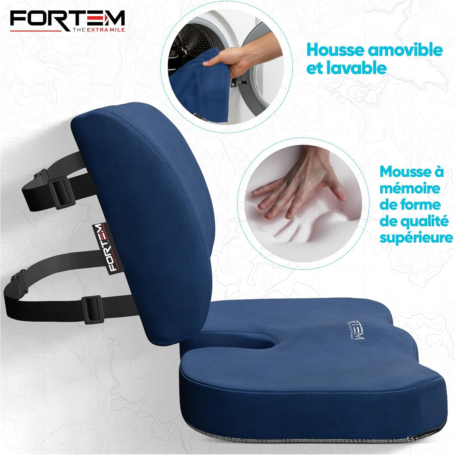 FORTEM - coussin lombaire/assise mémoire de forme - antidérapant - soutien dos et confort chaise/auto