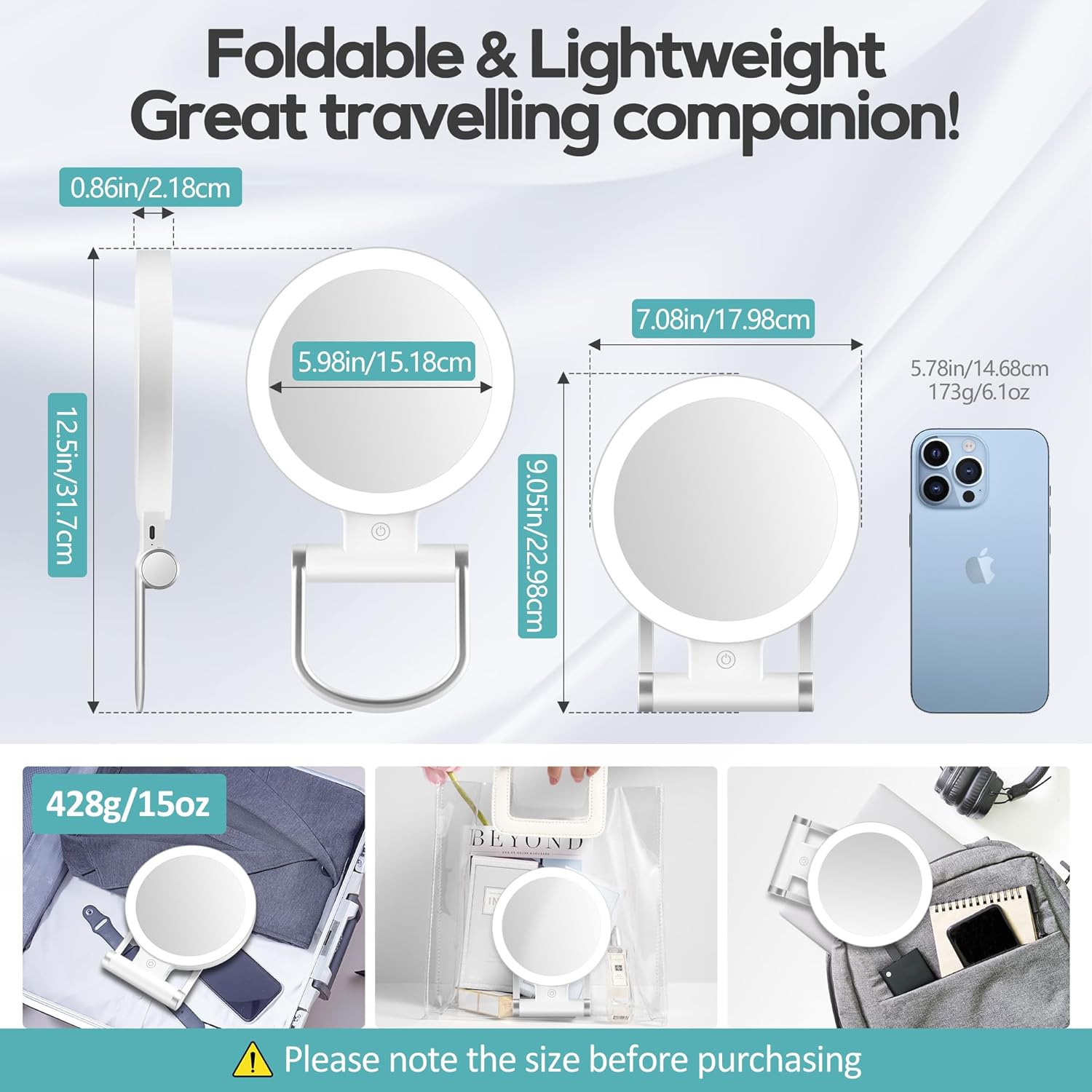 B Beauty Planet - Miroir double face compact, 1X/30X, 3 éclairages, 2000mAh, pliable