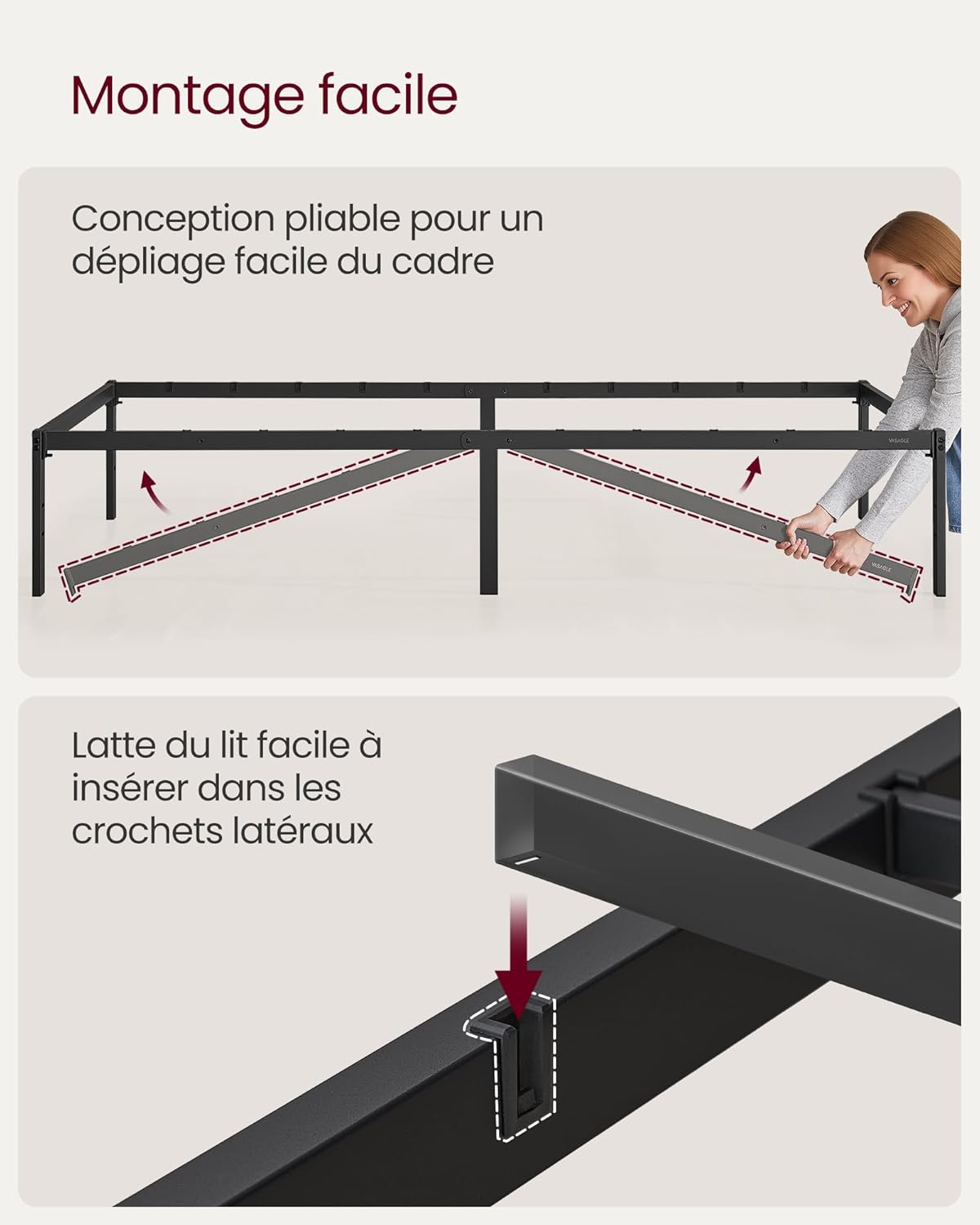 VASAGLE - cadre lit simple - 90x190 cm - métal, rangement, montage facile, RMB131B01