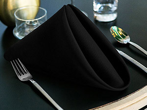 Serviette en tissu noir sur assiette avec argenterie. Vue partielle du verre à vin et de la nappe blanche