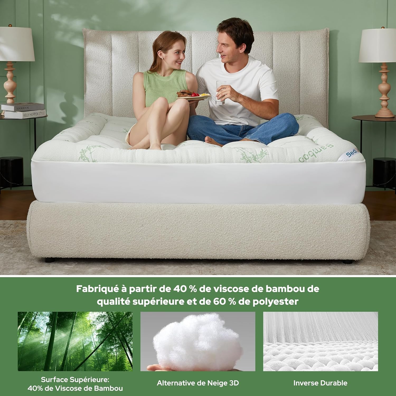 BEDLORE - surmatelas matelassé - 180x200 cm - viscose bambou, bonnet 40 cm, Oeko-Tex