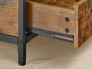 Tiroir en bois avec glissières métalliques fixées à un cadre en métal noir, mettant en valeur les détails de construction du meuble