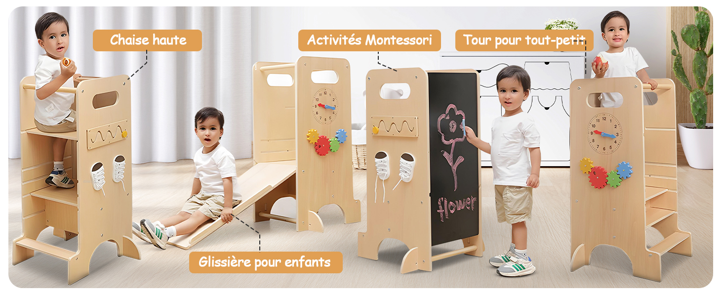 Panneaux d'activités modulaires en bois pour enfants présentant divers éléments interactifs, notamment un tableau noir, des activités sensorielles et des jeux d'apprentissage