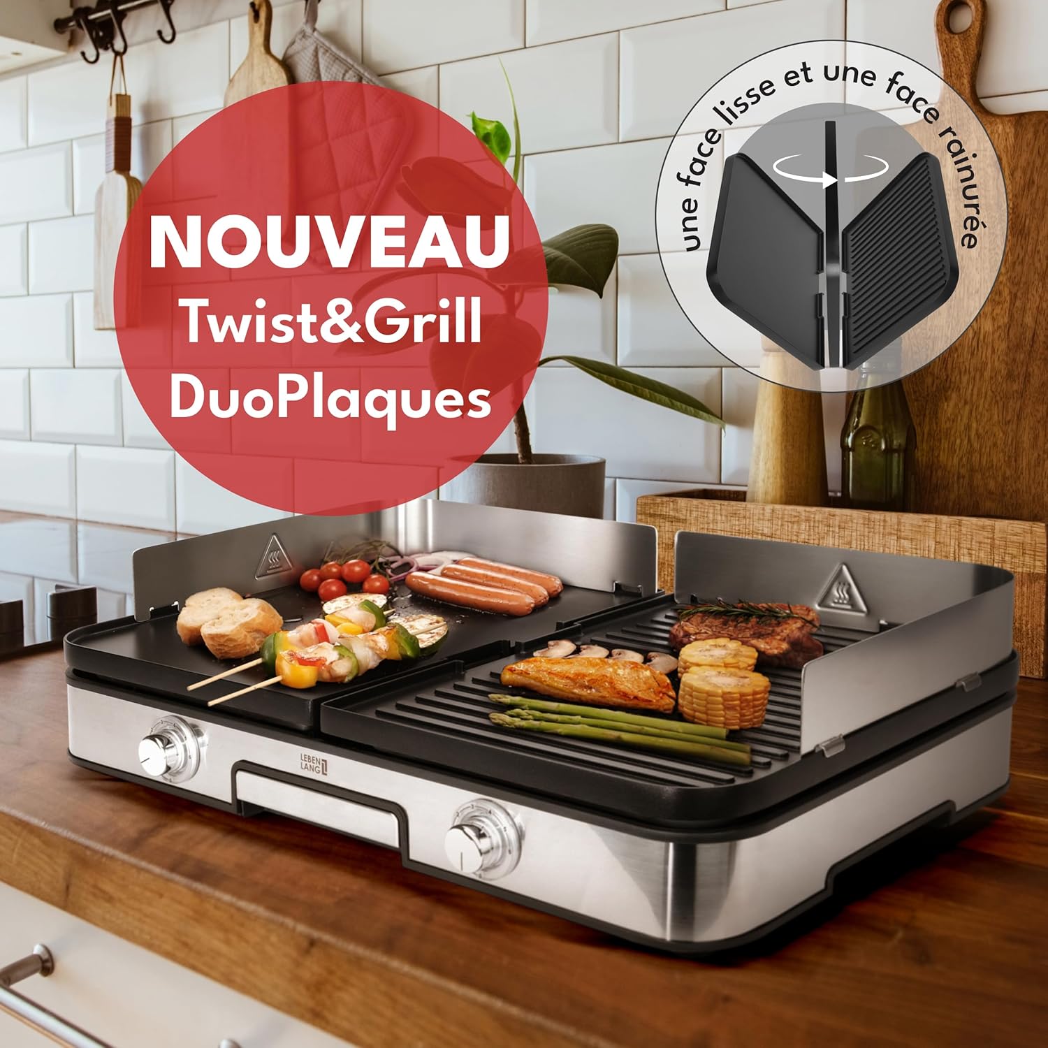 LEBENLANG - Plancha électrique inox XXL - 2400W, usage intérieur/extérieur, protection éclaboussures, pince incluse - LE