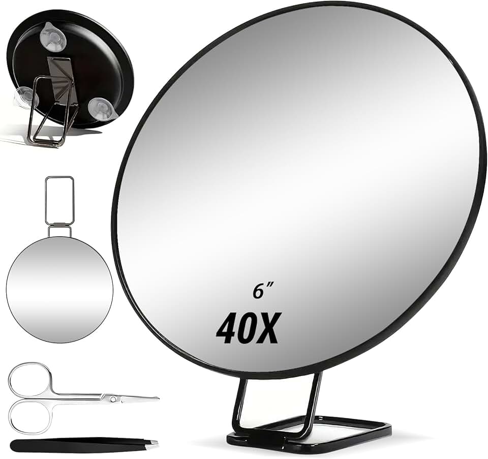 Miroir grossissant - 40x - support, pince à épiler, ciseaux, maquillage