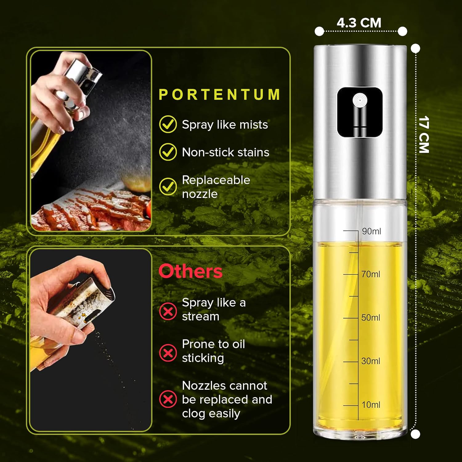PORTENTUM - Pulvérisateur huile premium 100ml verre anti-goutte cuisine
