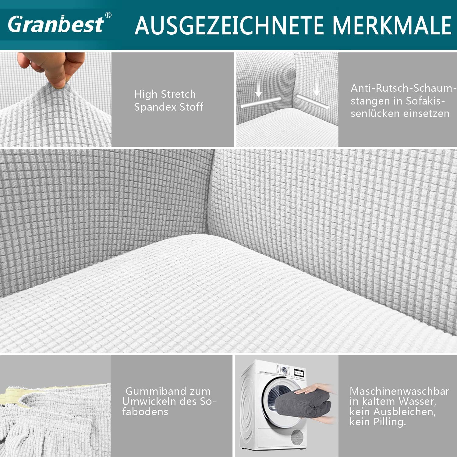 Granbest - housse de canapé jacquard 3 places - stretch, protection animaux, blanc crème