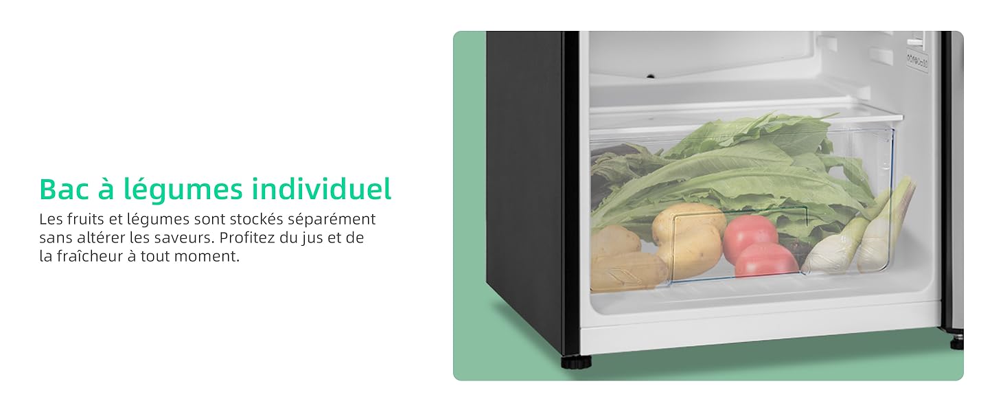 avec contenant en plastique transparent contenant divers fruits et légumes frais. Le texte en français décrit chaque bac à légumes.