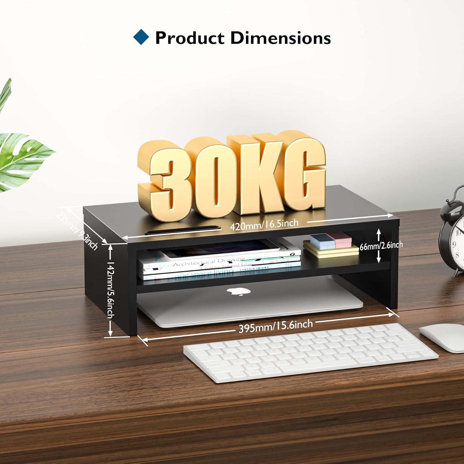 BONTEC - support écran 2 étages bois noir - 420mm - rangement optimal