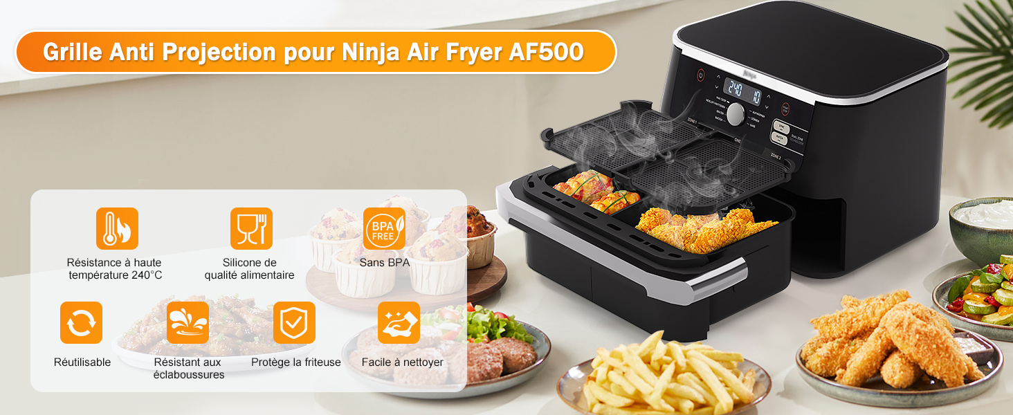 Le texte se lit comme suit : « Grille Anti Projection pour Ninja Air Fryer AF300 ». Images de produits montrant des accessoires pour friteuses à air et des aliments cuits avec des icônes de température.