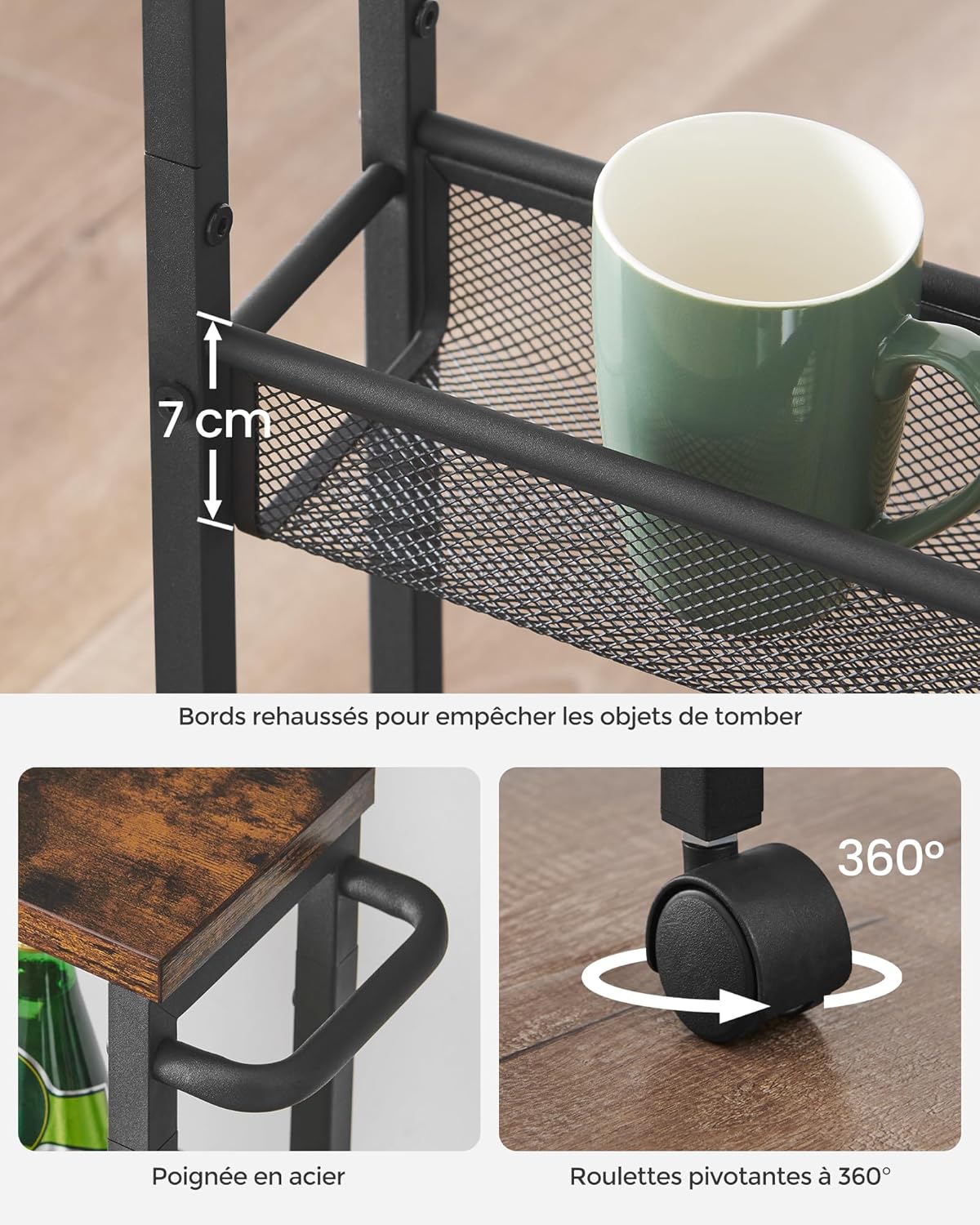 VASAGLE - desserte 4 niveaux, 13x45,4x77 cm, acier, roulettes, LRC032B01V1