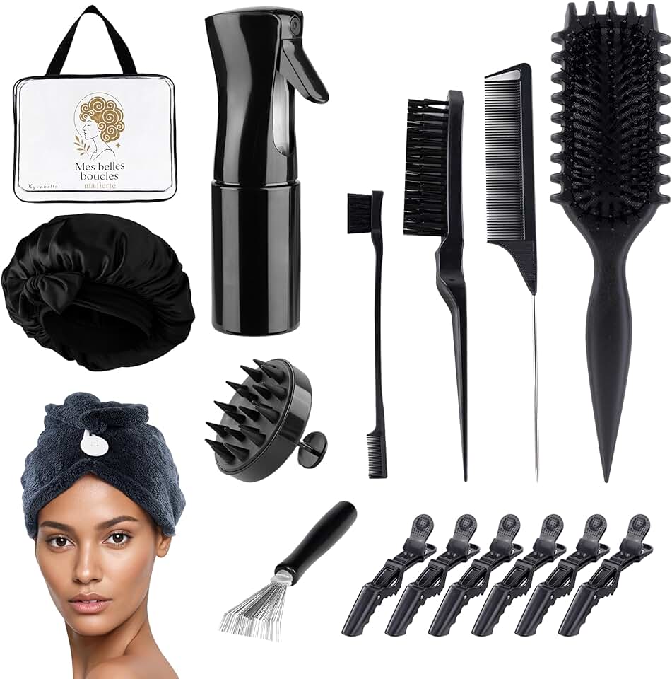 Kit Cheveux Bouclés - ensemble complet - brosse, bonnet satin, accessoires, anti-frisottis, sans chaleur
