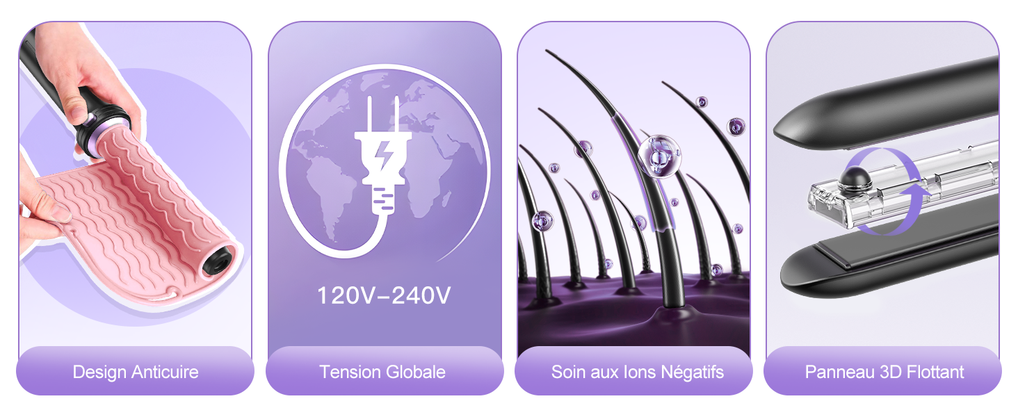 Caractéristiques de l'outil de coiffure électrique présentant de multiples fonctions, notamment le contrôle de la température, les éléments chauffants et les accessoires de coiffage. L'appareil affiche une compatibilité de tension de 120 à 240 V.
