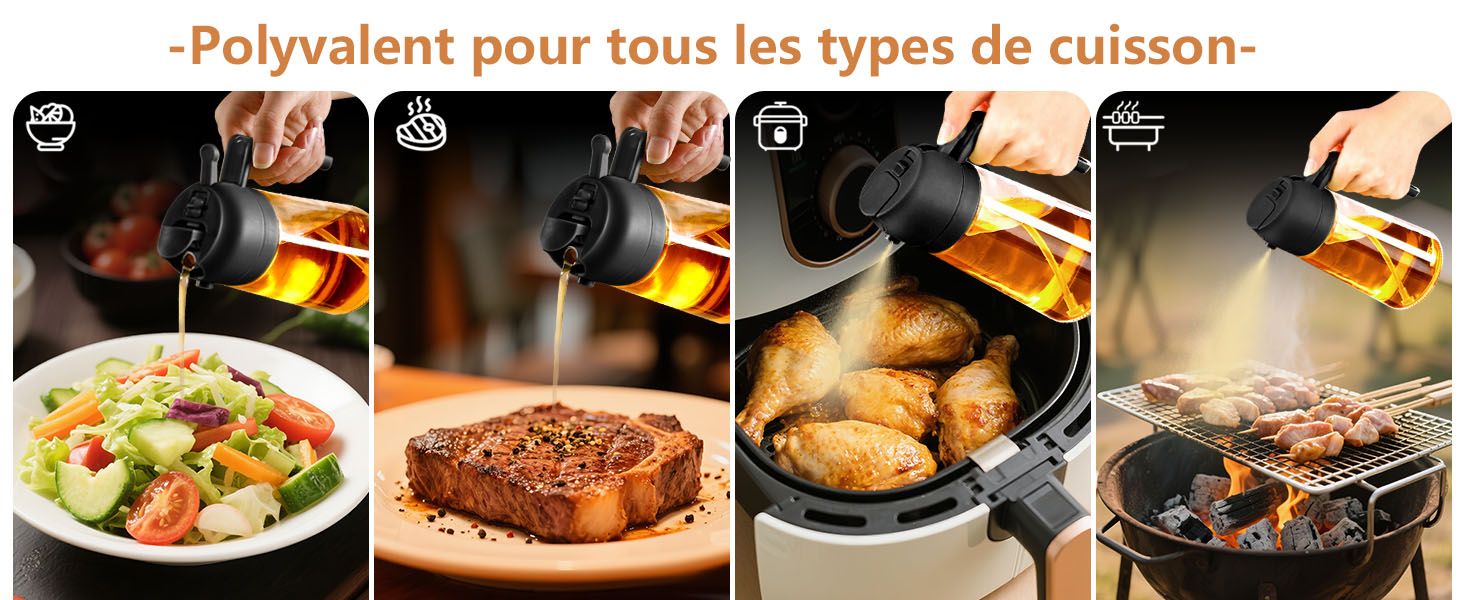 Image à quatre panneaux montrant un distributeur d'huile noir utilisé pour divers plats : salade, bifteck, aliments frits et viandes grillées. Fait preuve de polyvalence pour différentes méthodes de cuisson.