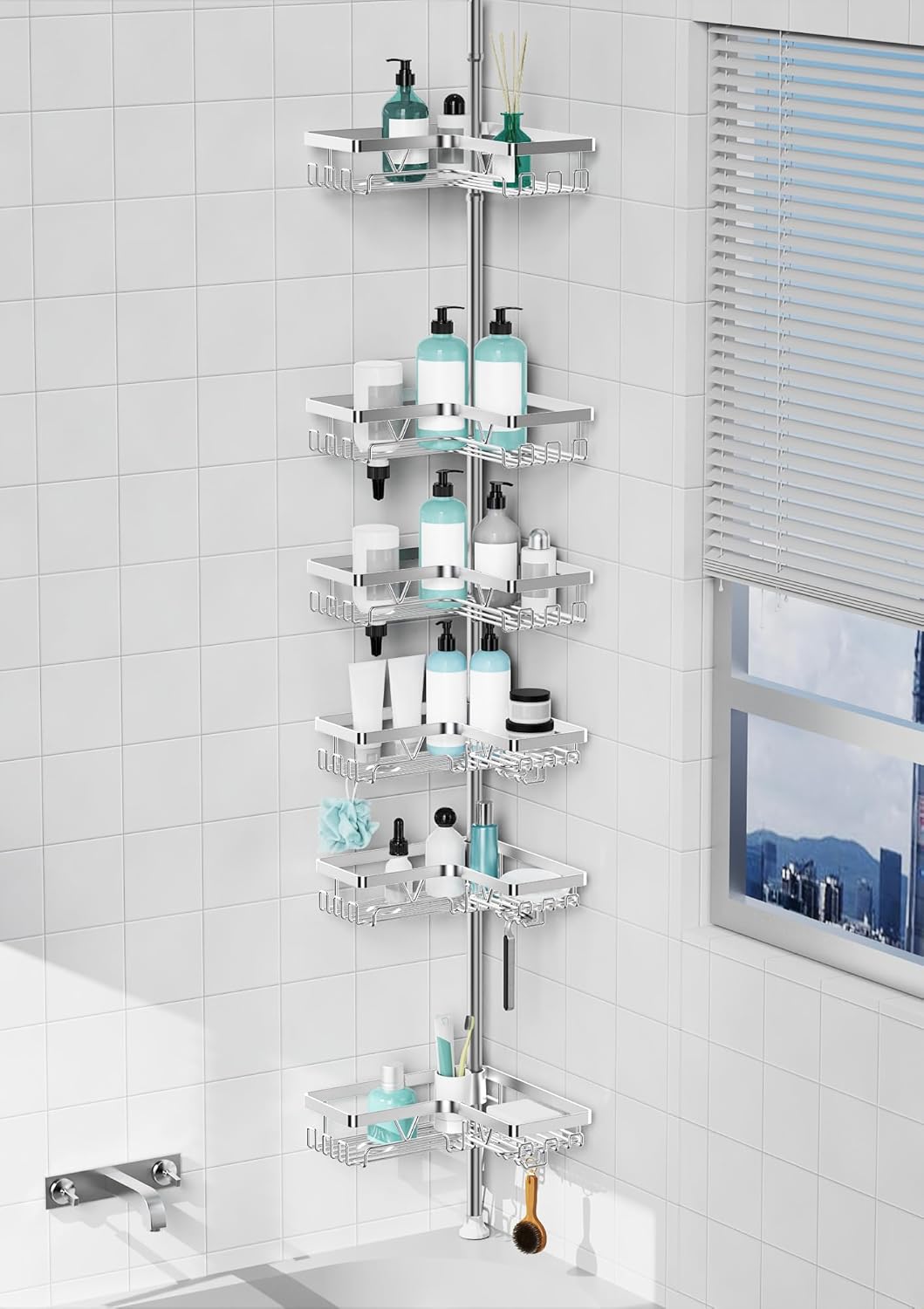 KEGII - étagère douche télescopique - 63,5-290cm - inox, 6 plateaux réglables, argenté, KEGII