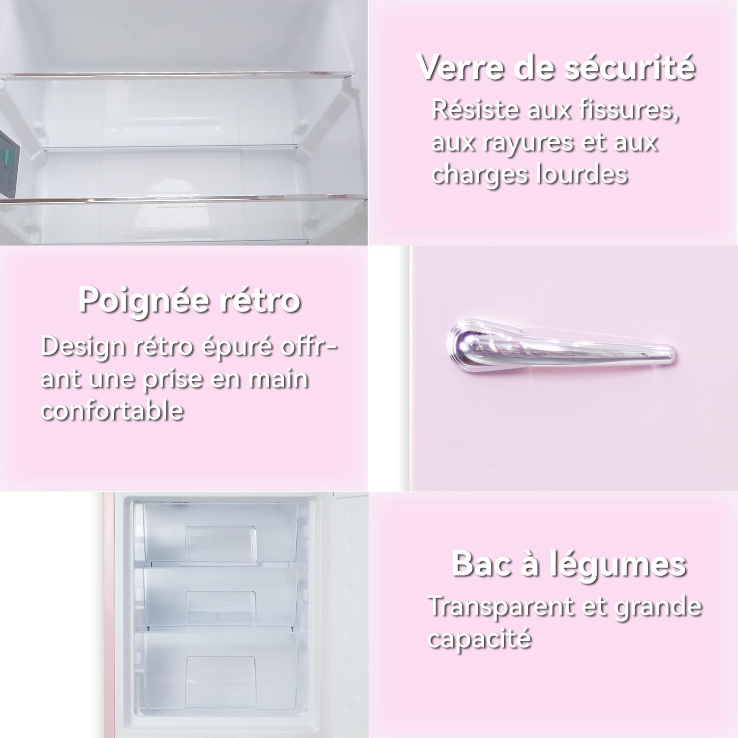 magictec - réfrigérateur vintage, 179 cm, 236L, No Frost, alarme, rose