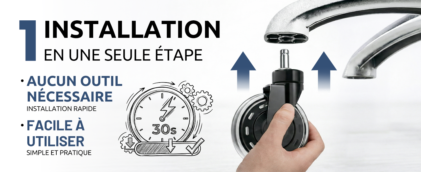 Texte : « INSTALLATION EN UNE SEULE ÉTAPE AUCUN OUTIL NÉCESSAIRE FACILE À UTILISER » Guide d'installation étape par étape montrant les mouvements des mains lors de l'assemblage du produit.
