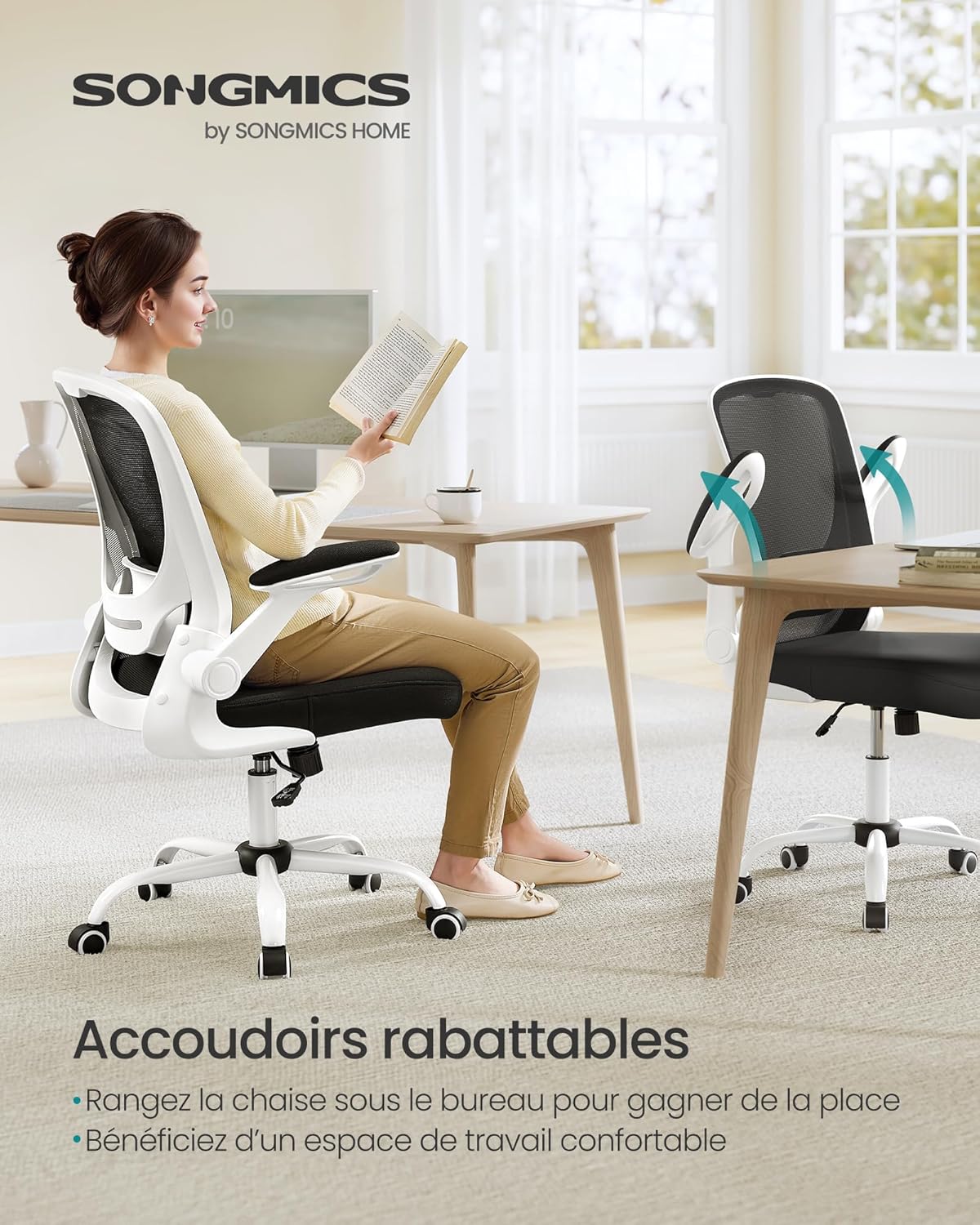 SONGMICS - chaise bureau ergonomique - 53 cm - accoudoirs rabattables, support lombaire, assise large, OBN37WT