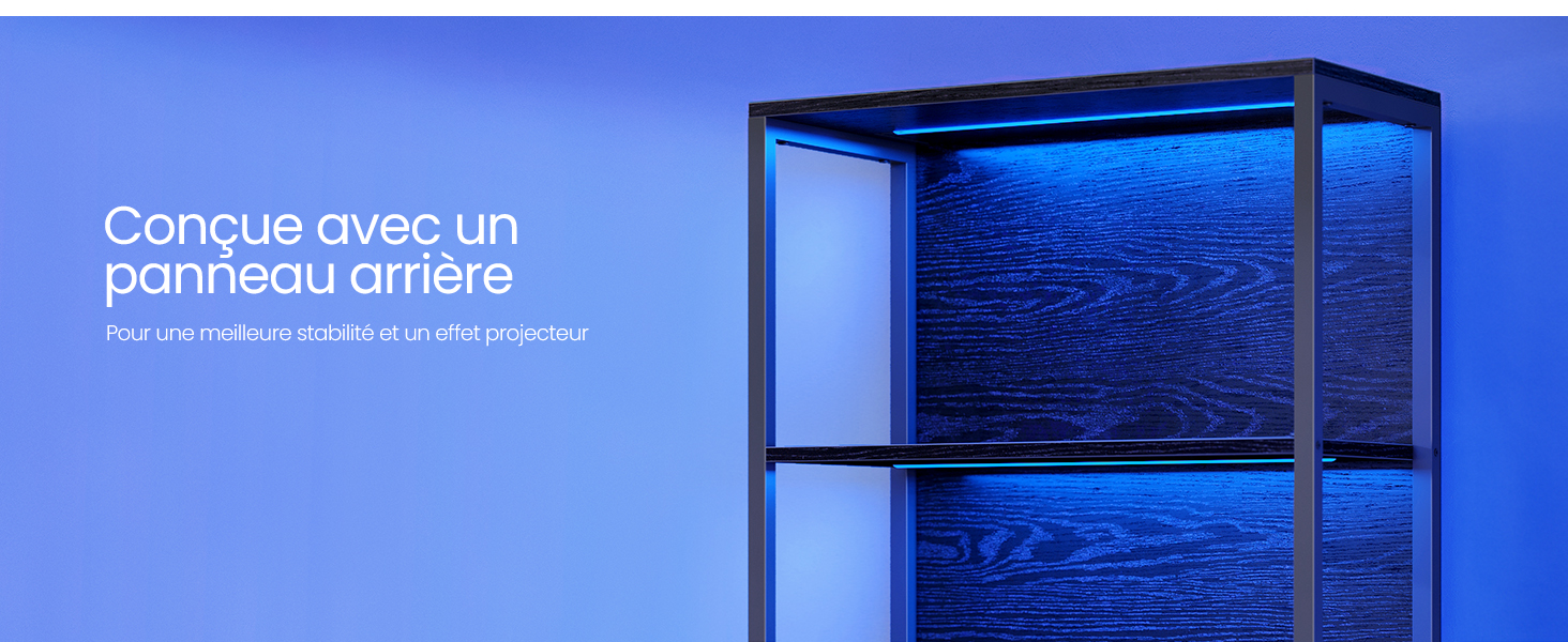 Étagère noire moderne avec panneaux en verre transparent ou en acrylique, illuminée par des effets de lumière bleus