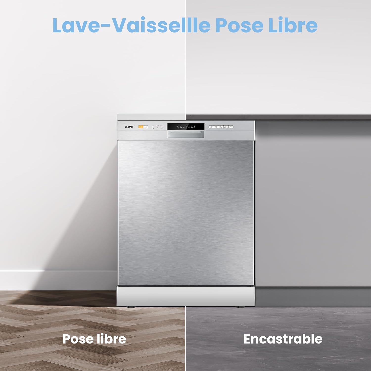 COMFEE' - Lave-vaisselle série CDWPF1201PS - 60 cm, 12 couverts, départ différé, panier flexible, inox, 49 dB, CDWPF1201