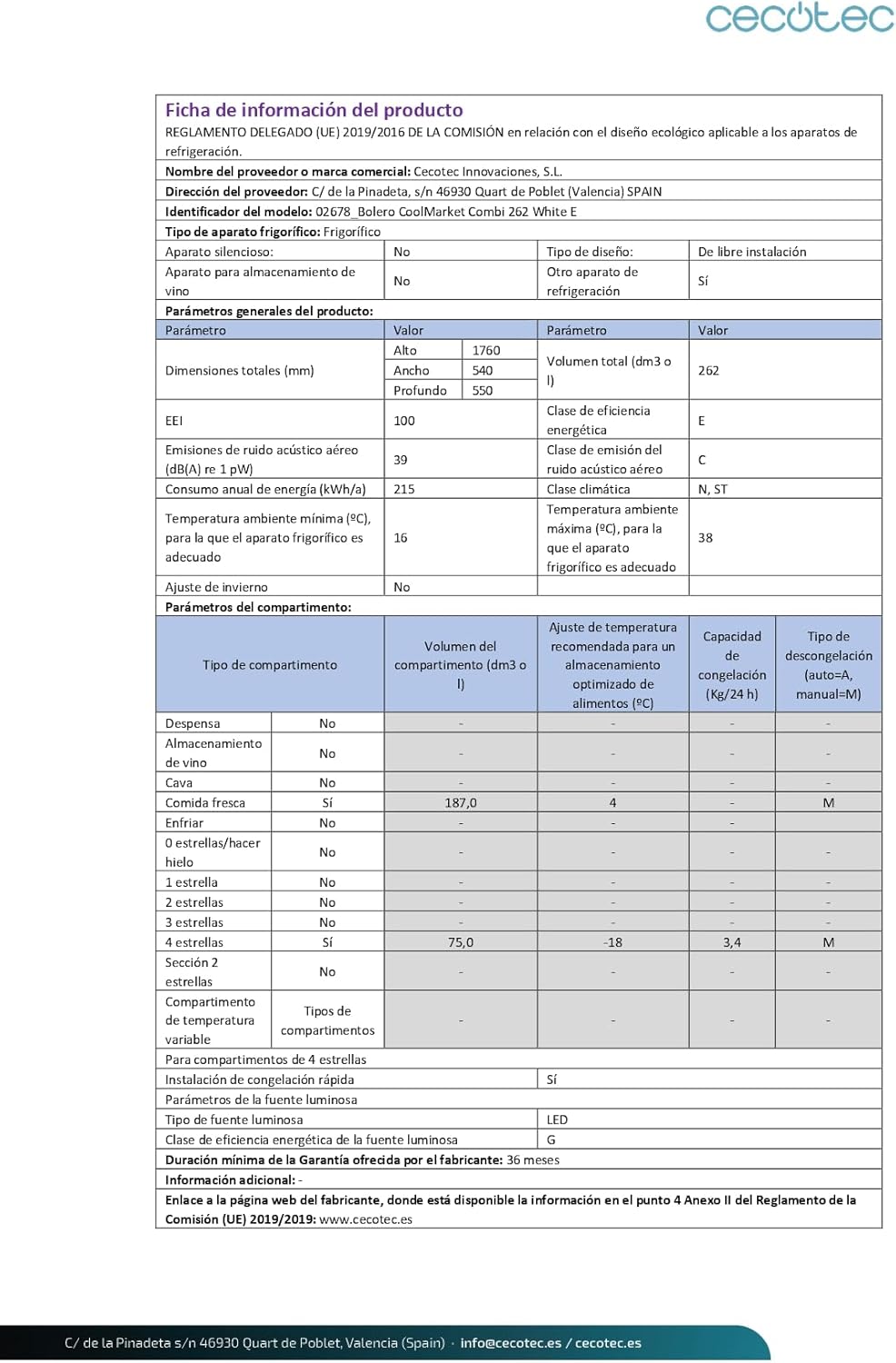 Cecotec - Bolero CoolMarket Combi - 262L - classe E, LED, verre, contrôle électronique