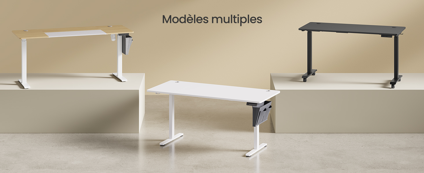 Trois modèles différents de pieds de table ou de cadres de bureau réglables présentés dans des finitions blanches et grises.