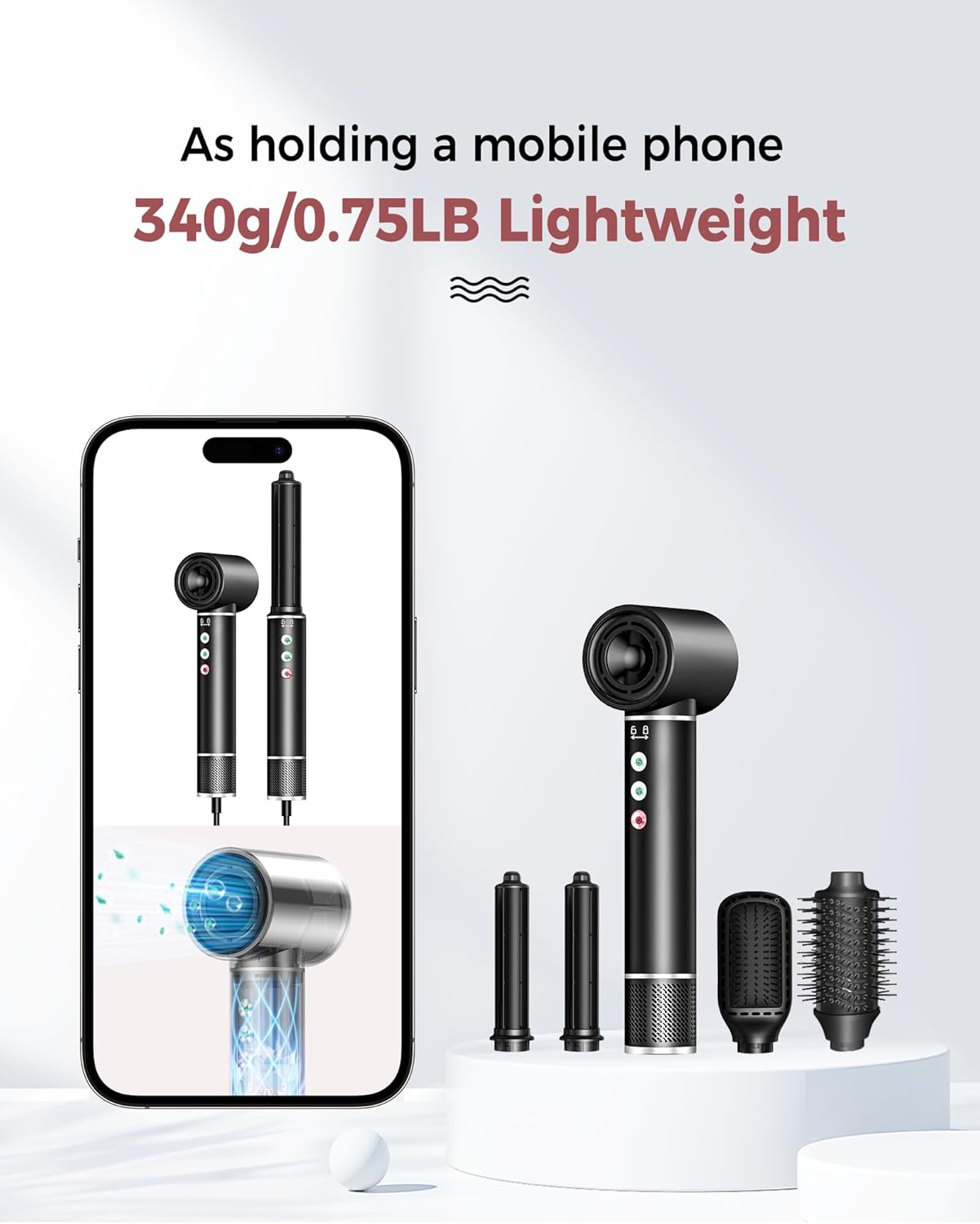 Air styler 5 en 1 - sèche-cheveux 110000TR/MIN - 20m/s - brosse lissante, boucleur, volume