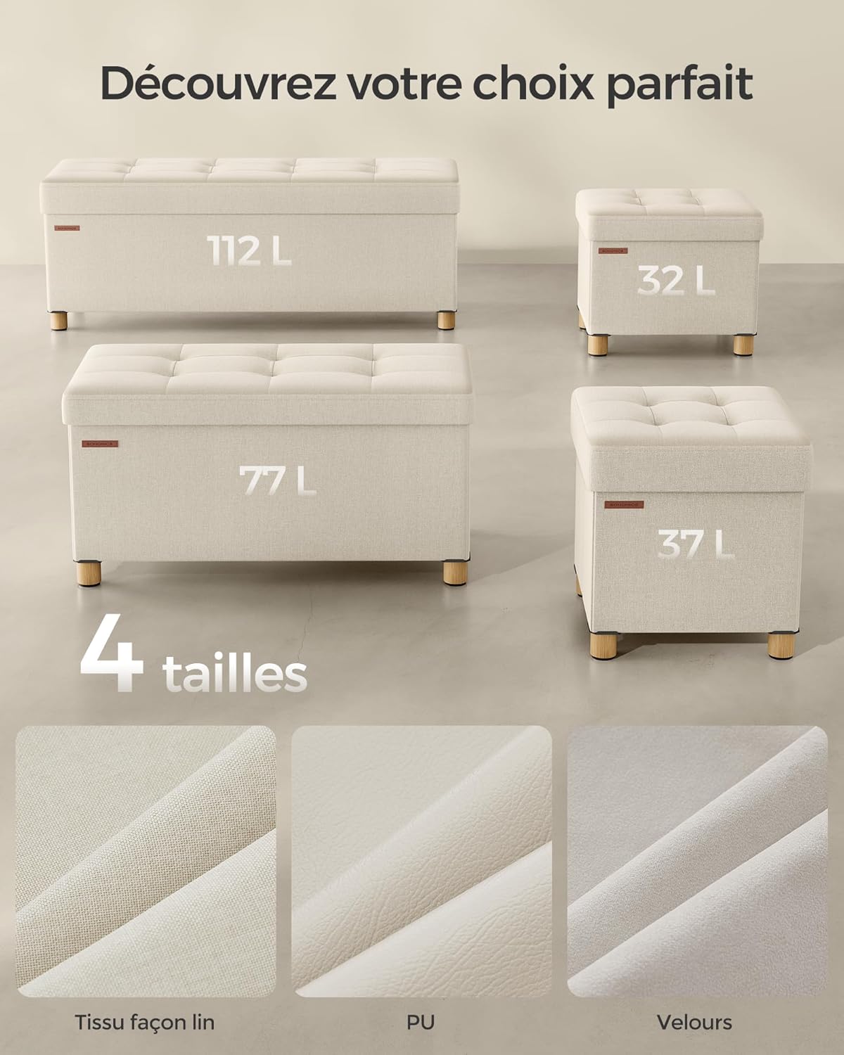 SONGMICS - Tabouret de rangement pliable 38x38x40 cm, supporte 300 kg, blanc crème LSF014W11