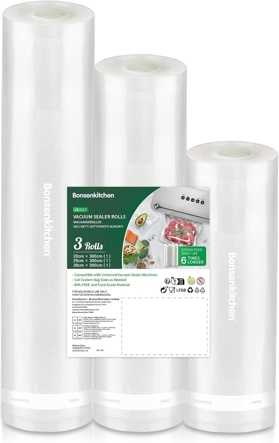 Bonsenkitchen - sacs sous vide rouleaux 20/25/28x300cm, sans BPA, VB3217