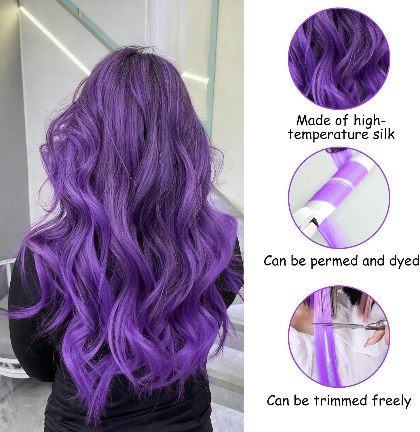 Extensions cheveux - 22 pouces - mèches clip colorées, raides, violet, lot de 10