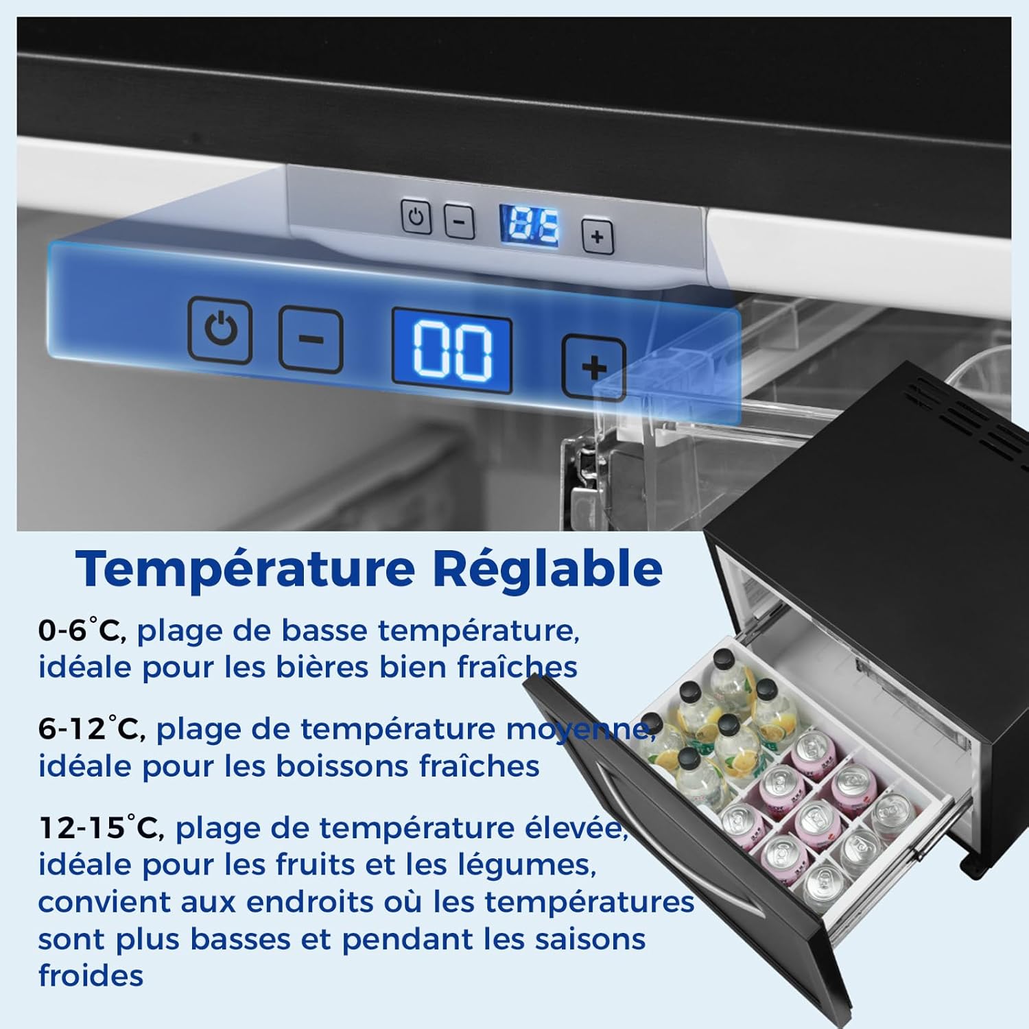 Smad - frigo tiroir camping car 45L - 55x50,8x42cm - 12V, 0-15°C, glacière tiroir