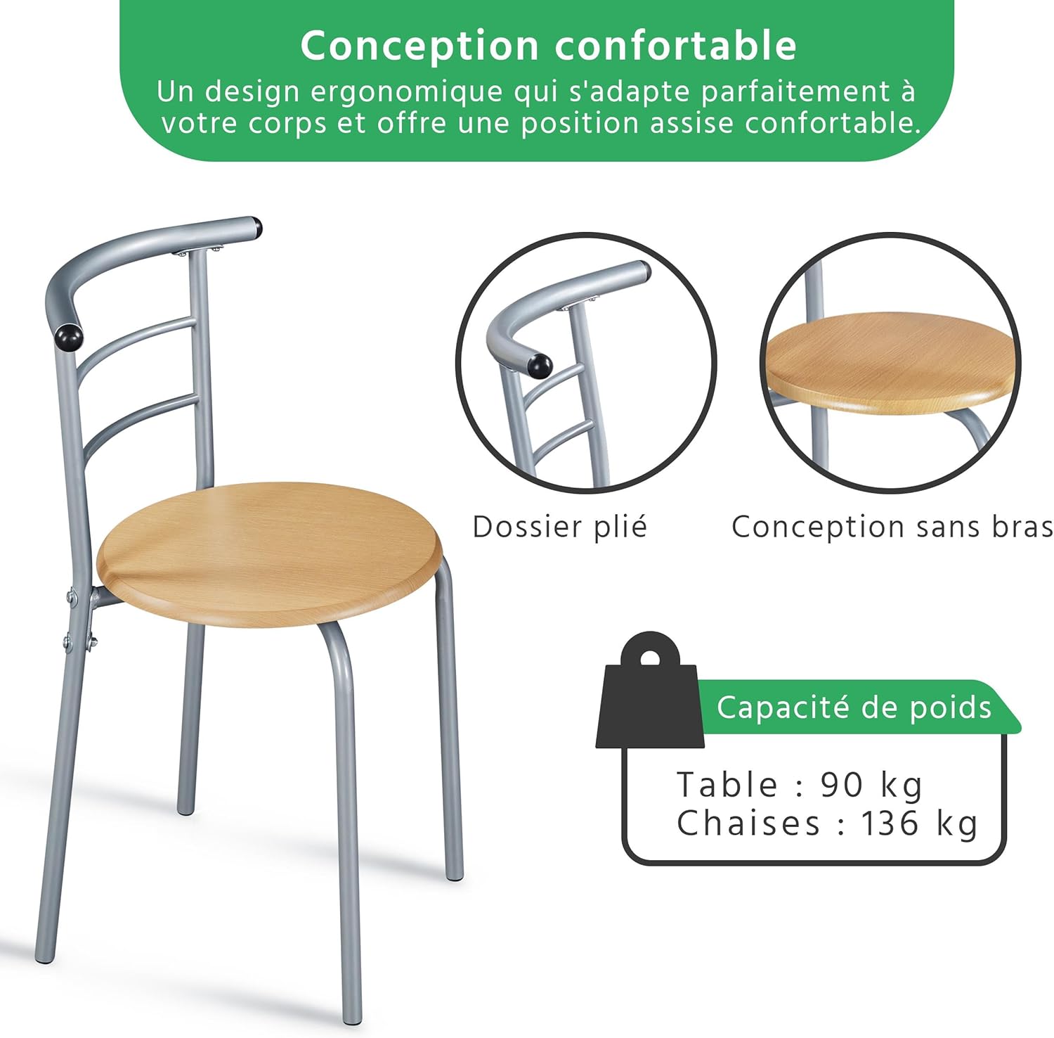 Yaheetech - ensemble table et 2 chaises, bois/argent, compact, porte-bouteilles