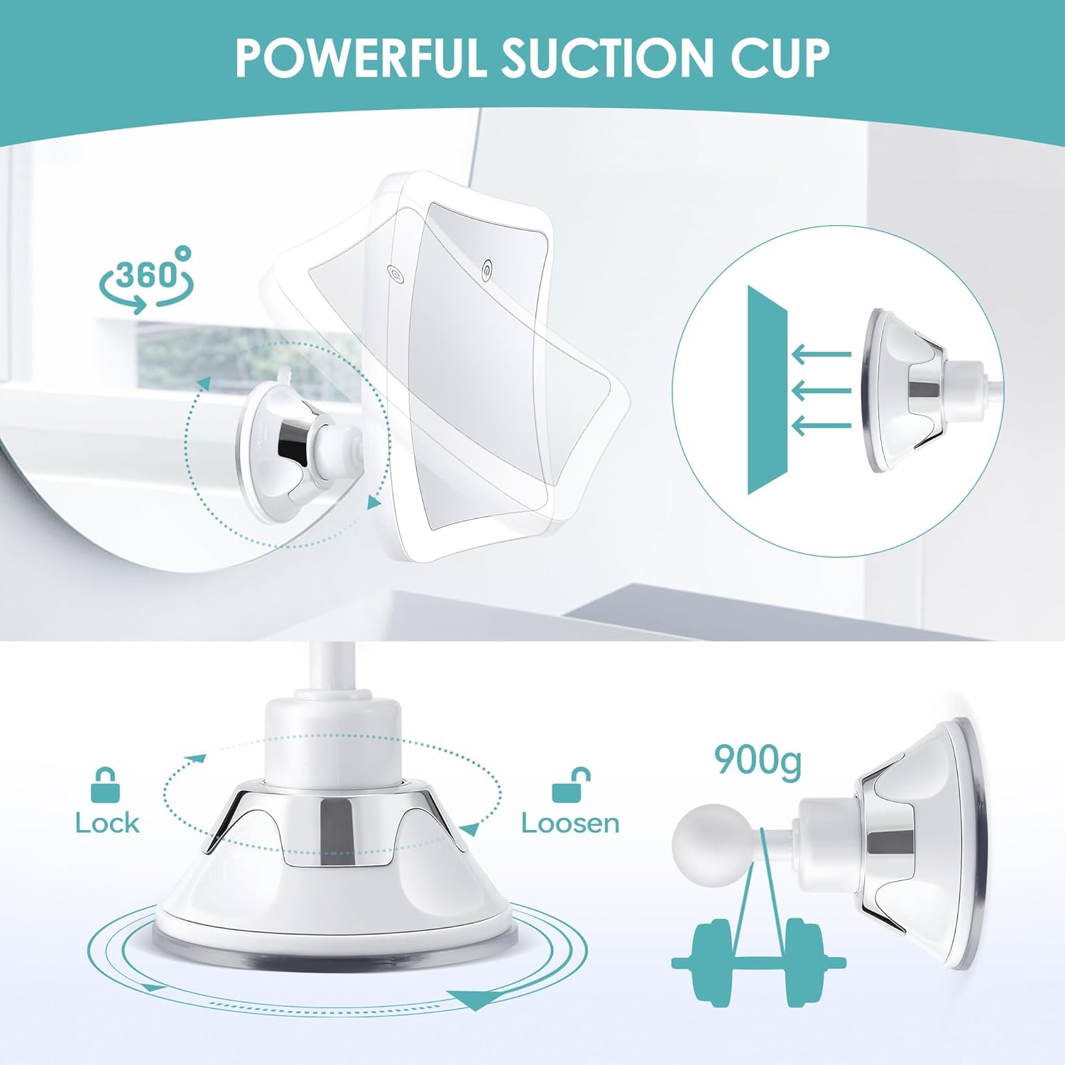 Miroir grossissant carré - 30x - lumineux, tactile, ventouse, rechargeable, rotation 360°