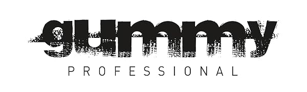 Logo textuel noir indiquant « gummy PROFESSIONAL » avec des lettres majuscules vieillies pour « gummy » et des minuscules plus petites pour « professional »
