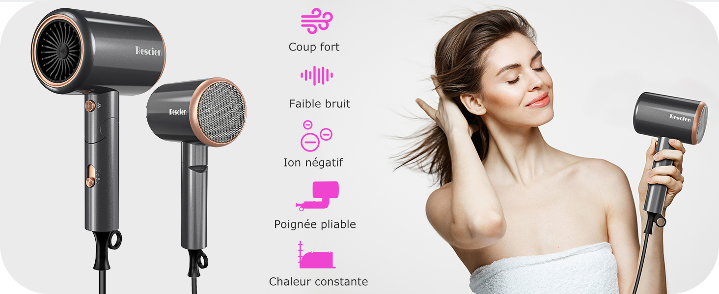 avec deux buses, une grande et une petite. Les caractéristiques incluent la technologie ionique, un fonctionnement silencieux et une chaleur constante. Femme démontrant son utilisation sur ses cheveux.