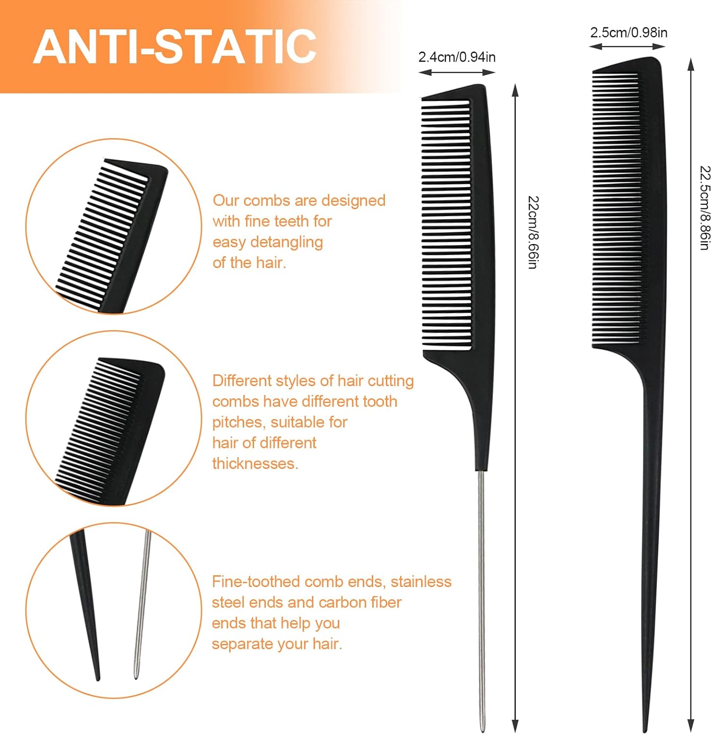 Peigne cheveux - Set 3 peignes carbone - fins, antistatiques, salon, homme