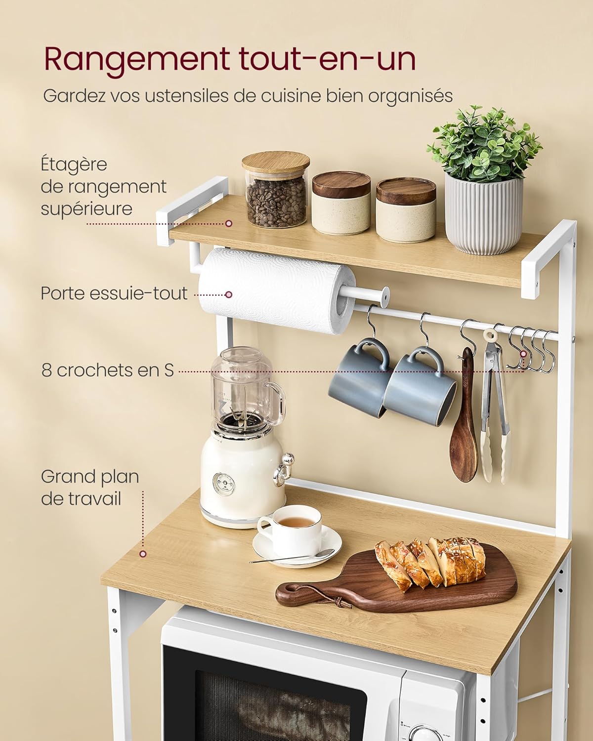 VASAGLE - étagère cuisine bar café 40x60x140cm 4 niveaux multiprise KKS014Y02