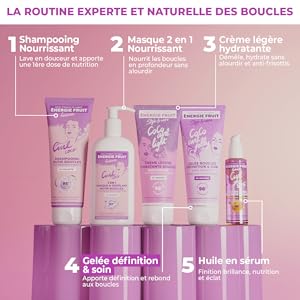 Le texte se lit comme suit : « LA ROUTINE EXPERTE ET NATURELLE DES BOUCLES », suivi des étapes numérotées de 1 à 5. Fond dégradé rose et violet avec bouteilles de produits capillaires disposées séquentiellement.