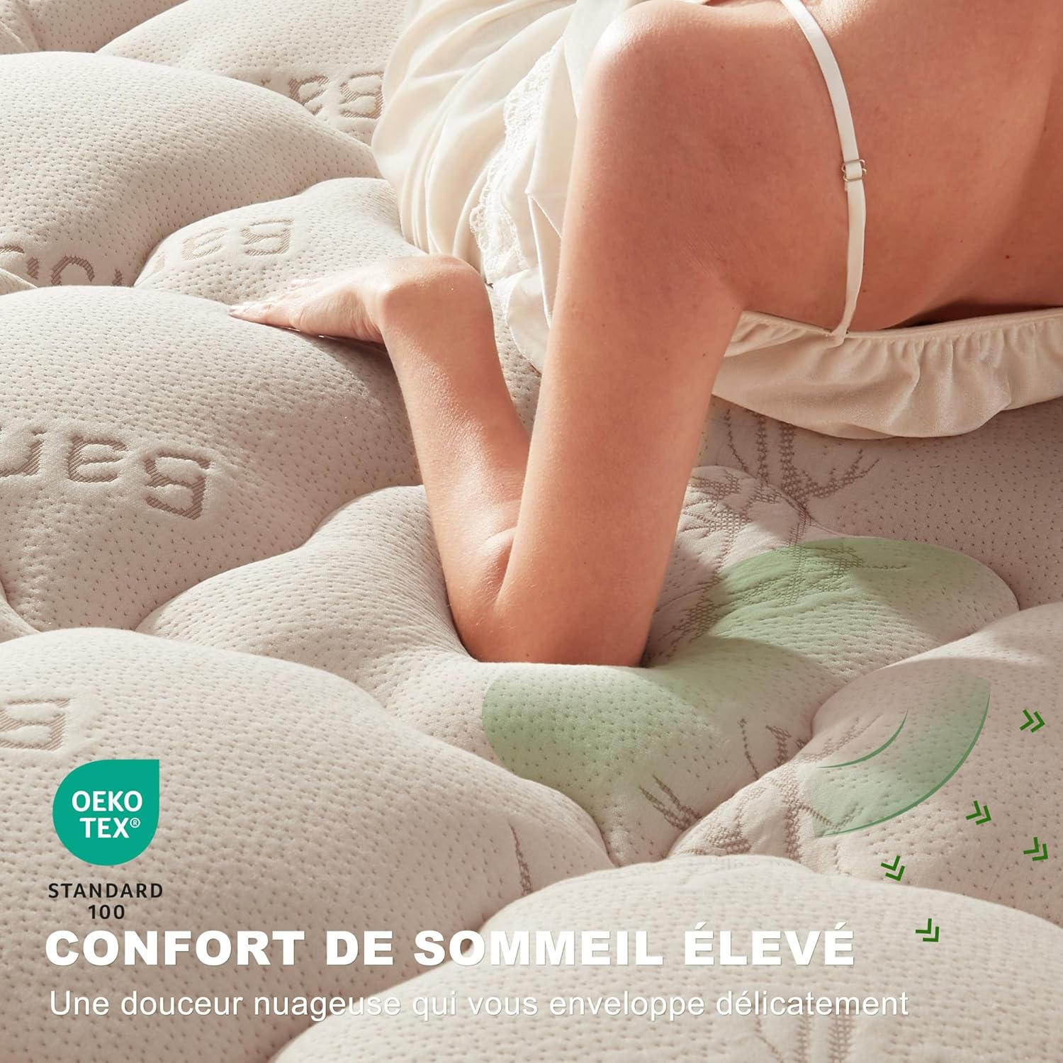 BEDLORE - surmatelas matelassé 140x200 - bambou respirant, bonnet 30cm, Oeko-Tex