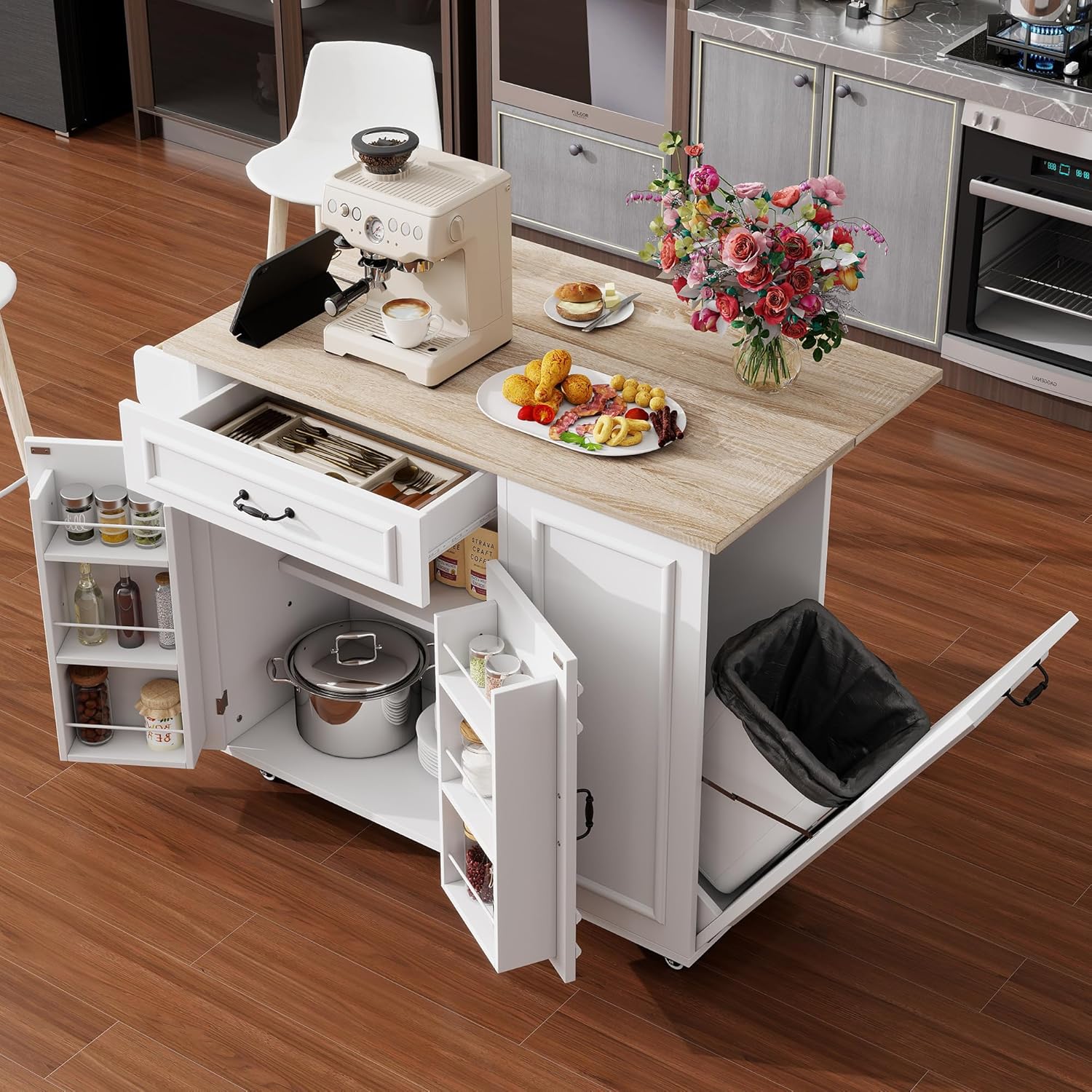 Desserte îlot cuisine - plan de travail rabattable, USB, rangement - blanc - roulettes, tiroir, porte-torchon, poubelle